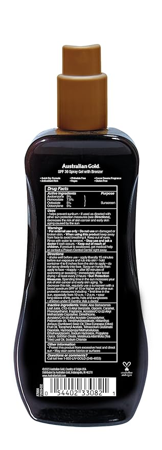 Australian Gold Spray Gel Sunscreen with Instant Bronzer SPF 30, 8 Ounce | Moisturize & Hydrate Skin | Broad Spectrum | Water Resistant | Non-Greasy | Oxybenzone Free | Cruelty Free (Pack of 4)