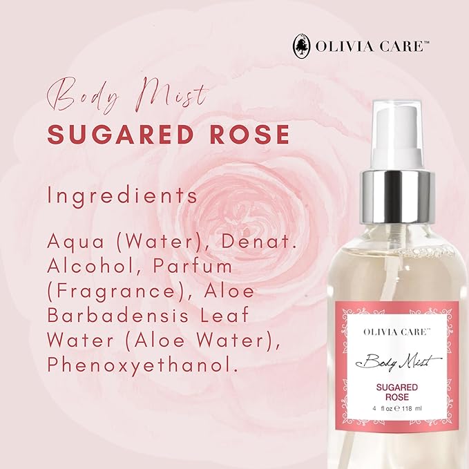 Olivia Care Body Mist Spray Made with Natural Sugared Rose Fragrance Scent - Refreshing, Soothing & Moisturizing - Eliminate Odor with Fresh Floral Aroma
