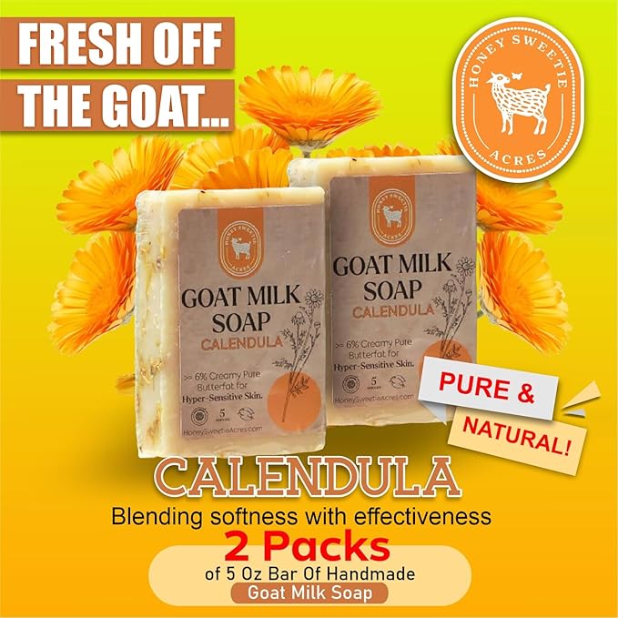 Honey Sweetie Acres 2-Pack Calendula Goat Milk Soap - Handmade 5 oz Bar, Made with Natural Ingredients, Moisturizing & Gentle, Made in the USA