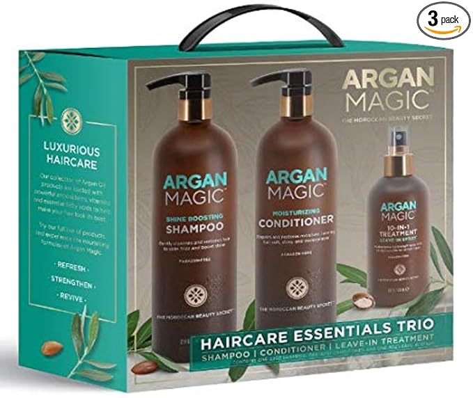ARGAN MAGIC Hair Care Essentials Trio - Shine Boosting Shampoo | Moisturizing Conditioner | 10 in 1 Leave in Spray | Restores Shine & Elasticity | Hydrates | Detangles, (32 oz / 8 oz)