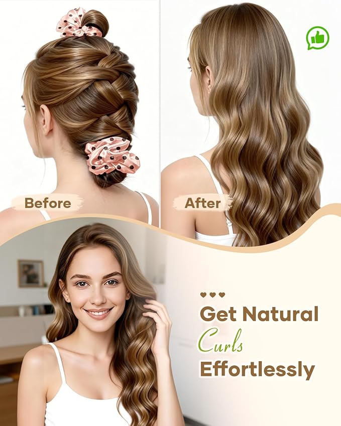 BONNET QUEEN Satin Heatless Hair Curler, Overnight Curls for Long Hair, Ultra Soft Daily Use of Hair Accessories & 2 Scrunchies, Damage-Free Styling, Soft Hair Curlers for Overnight, Pink