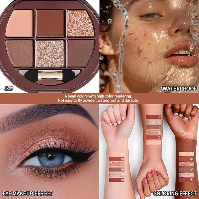 6 Color Matte Shimmer Eyeshadow Palette, Neutral Brown Eye Shadow, Nude Warm Tone Everyday Makeup Palette, Smooth Blendable Long Lasting Soft Glam Smokey Eye Look 12