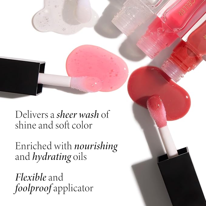 LAURA GELLER NEW YORK Fine Shine Glossy Lip Oil Duo, Rose Garden + Glass Half Full - Clear Pink Lip Gloss with Hydrating Squalane