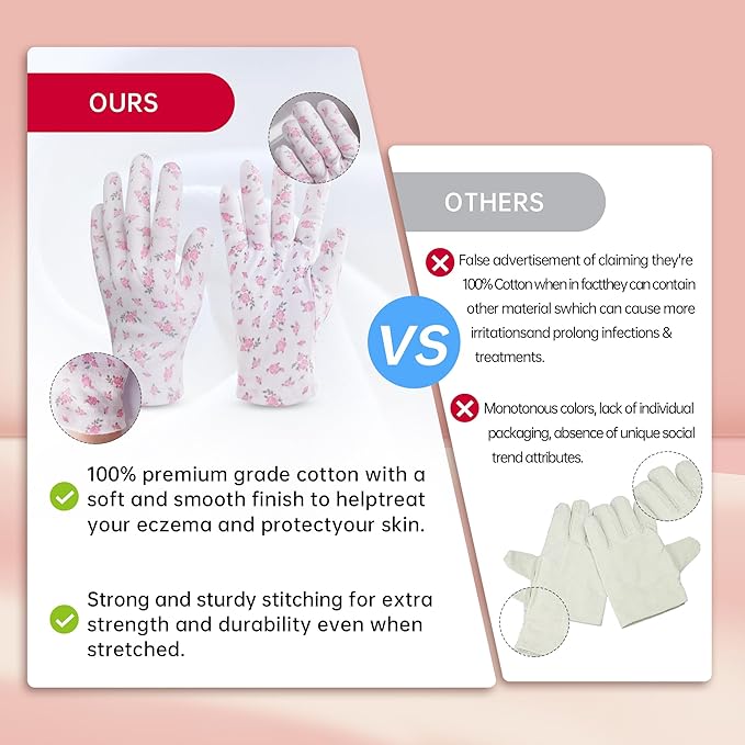 HandLove Premium 100% Cotton Gloves | Moisturizing Gloves for Dry Hands | Overnight Sleeping & Eczema | White Floral Dots, 12 Pairs
