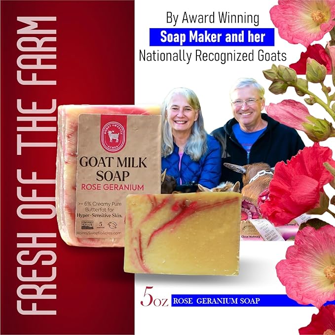 Honey Sweetie Acres 2-Pack Rose Geranium Goat Milk Soap - Handmade 5 oz Bar, Made with Natural Ingredients, Moisturizing & Gentle, Made in the USA