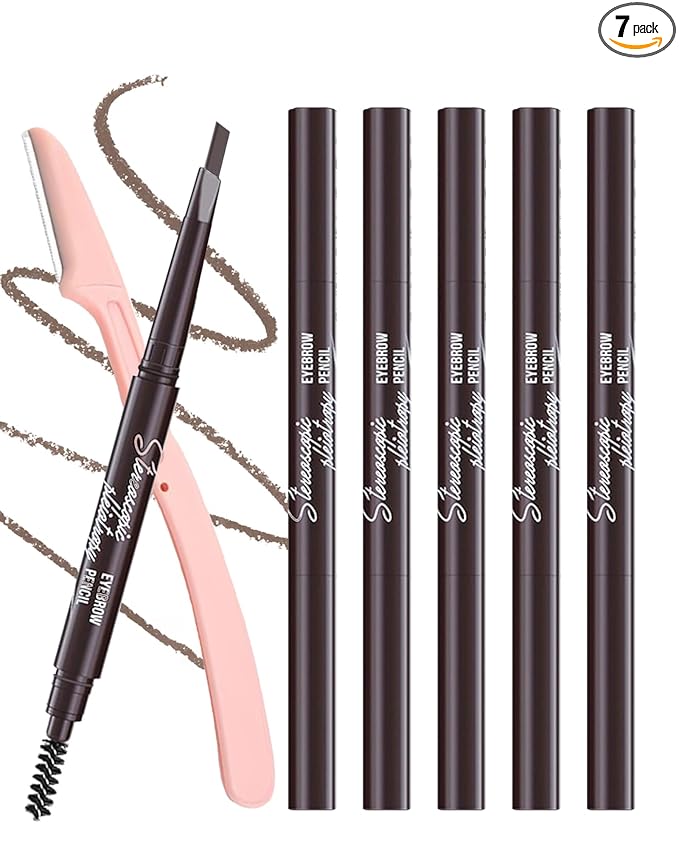 6 Pack Medium Brown Eyebrow Pencil, Waterproof Eye Brow Pencils for Women- Dual-Ended with Spoolie Brush and Triangular Tip for Easy Defining, Natural Fill, Long-Lasting Brows, Sweatproof