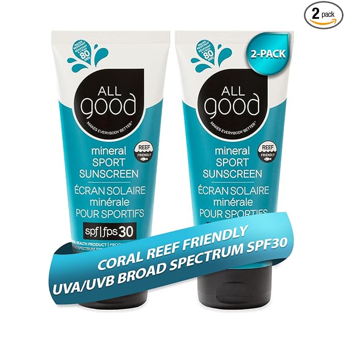 All Good Sunscreen - Sport Mineral Sunscreen Lotion, Reef Friendly, SPF 30+ for Face & Body, Water & Sweat Resistant, 2-pack (3 oz)