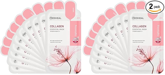 Mediheal Official Best Korean Sheet Mask - Collagen Essential Face Mask 10 Sheets Lifting and Firming For All Skin Types Value Sets (Pack of 2)