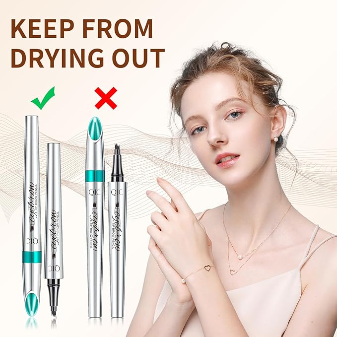 QIC Eyebrow 4 Tip Brow Pencil, Microblading Pen Waterproof Long-Lasting with Upgrade Micro-Fork Tip Applicator for Natural Brows (Gray-05)
