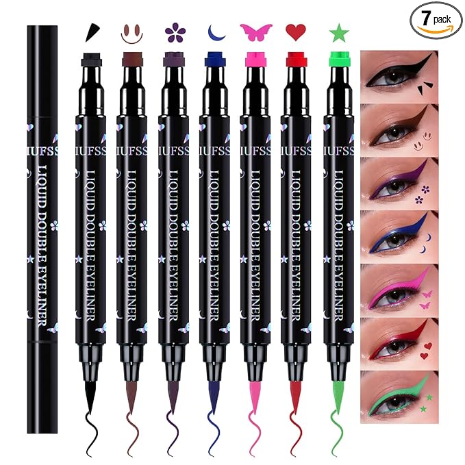 7PCS Colorful Eyeliner Stamp Set,Double-headed Liquid Eyeliner Pencil Face Stamps Makeup,Long-lasting Delineador de Ojos Contra el Agua