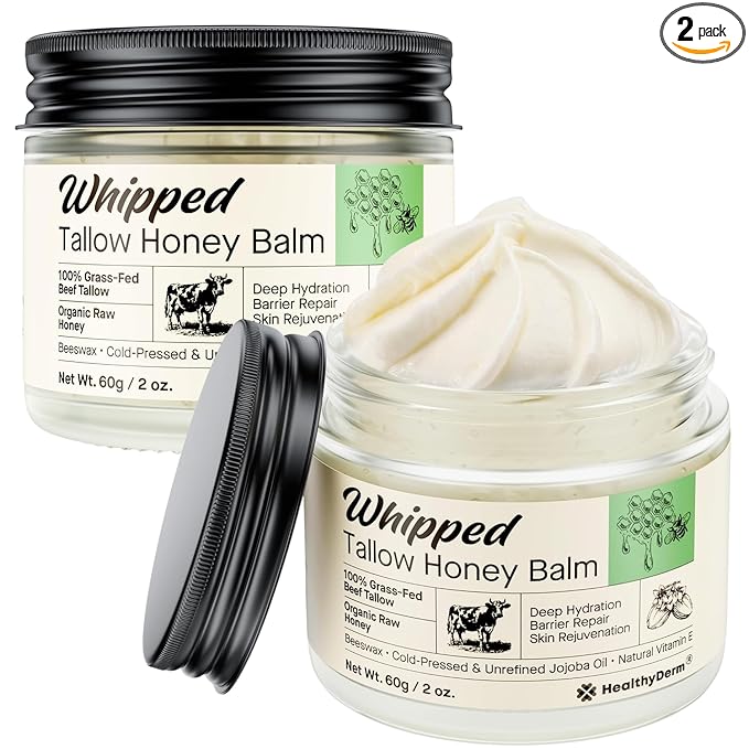 Beef Tallow Honey Balm for Skin: 100% Grass Fed Organic Moisturizer with Organic Raw Honey, Jojoba Oil, Vitamin E – Natural Face and Body Care for Mature, Dry or Sensitive Skin, 2oz, Pack of 2