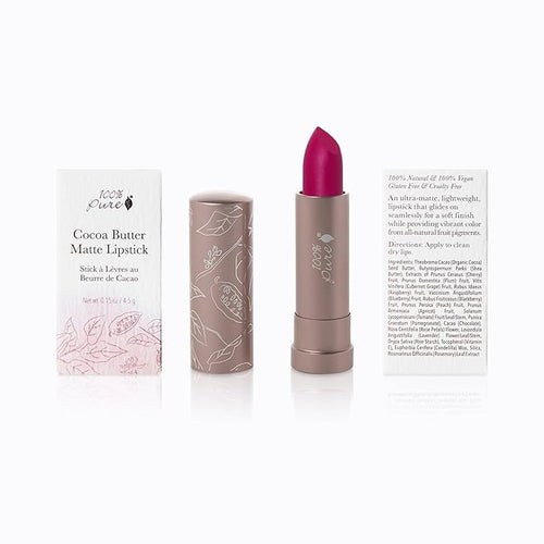 100% PURE Cocoa Butter Matte Lipstick Full Stay All Day Coverage, Lasting Moisturizing & Softening Natural Lip Color for All Skin Tones, Vegan Fruit Pigmented Marrakesh (Vibrant Fuchsia) - 0.15 oz