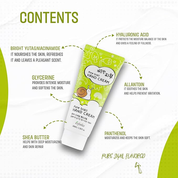 esfolio Pure Skin Snail Hand Cream – Deep Moisturizing & Restoring Hand Lotion with Snail Mucin, Hydrating & Nourishing for Dry Skin – Non-Greasy, Fast Absorbing (3.38 OZ/100ML)