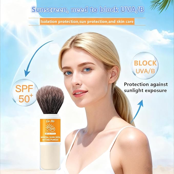 Go Ho Mineral Sunscreen Setting Powder - SPF 50,Translucent,Loose Natural Matte Face Makeup Brush-in,For All Skin Tones,Sunscreen Brush Powder for Hair and Scalp