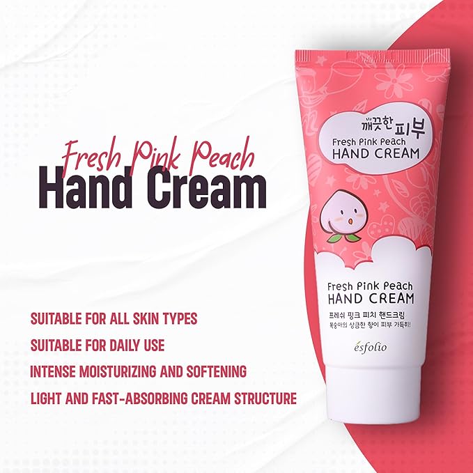 esfolio Fresh Pink Peach Hand Cream – Moisturizing Korean Hand Lotion with Peach & Apricot Extracts – Softens, Hydrates & Smooths Dry Skin – Lightweight Non-Greasy Formula (3.38 OZ/100ML)