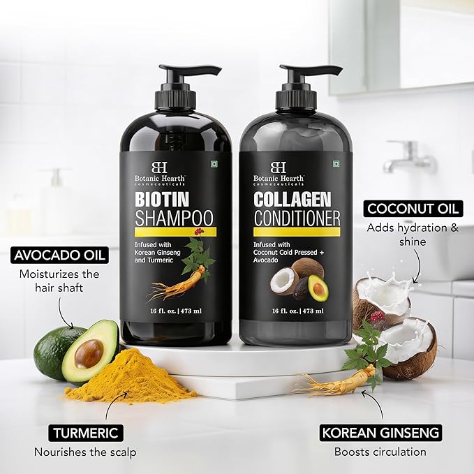 Botanic Hearth Biotin Shampoo and Conditioner with Collagen | Fights Hair Loss & with Korean Ginseng & Turmeric, Conditioner Promotes Hair with Avocado and Coconut | 16 fl oz x 2