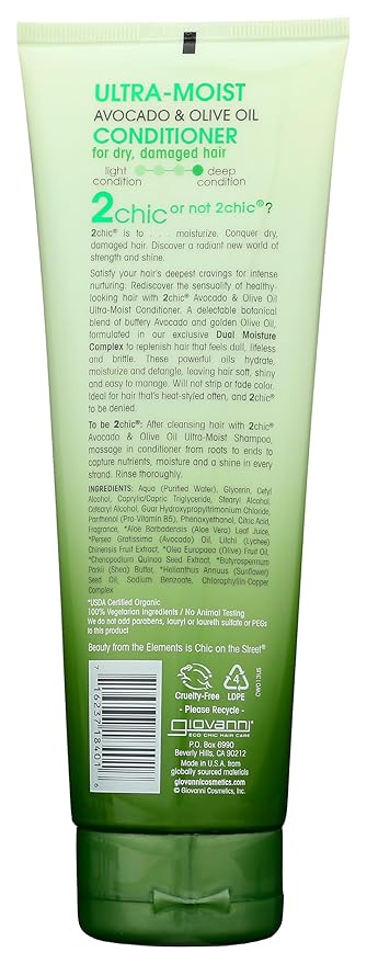 GIOVANNI 2chic Ultra-Moist Conditioner - Avocado & Olive Oil, Creamy Hydration Formula, Enriched with Aloe Vera, Shea Butter, Botanical Extracts, No Parabens, Color Safe - 8.5 fl oz