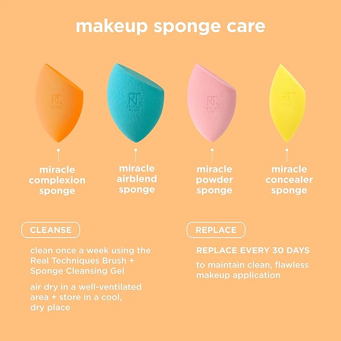 Real Techniques Miracle Complexion Sponge 4 Pack, Makeup Blending Sponges For Liquid & Cream Foundation & Skin Tints, Buildable Coverage, Natural, Dewy Base, Cruelty- Free, Latex-Free Foam