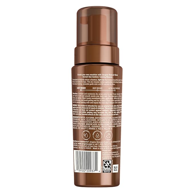 Jergens Natural Glow Instant Sun Body Mousse, Self Tanner for Light Bronze Tan, Sunless Tanning Body Bronzer for Natural Looking Color Instantly, 6 Oz
