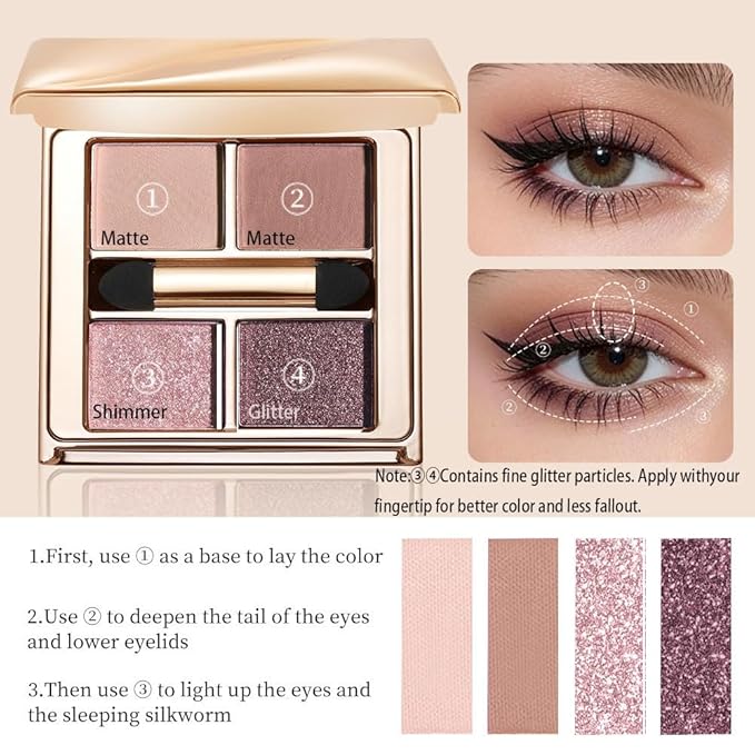 Cool Pink Mauve Eyeshadow Palette – 4 Matte&Glitter Shades for Icy Rose Glow, Romantic Soft Glam&Daily Eye Makeup, High-Pigment Long-Lasting Blendable Shadows that Enhance Brown, Hazel & Green Eyes