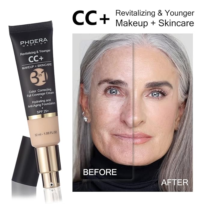 Hilareco PHOERA Foundation,PHOERA CC+ Cream Color Correcting Anti Aging Hydrating Serum &SPF 25+,PHOERA Primer, PHOERA Makeup, Kabuki Makeup Brushes Foundation Brush (106+180/Warm Sun+Tan CC Cream)