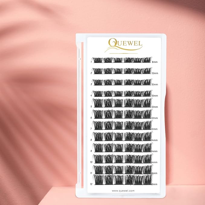 QUEWEL Lash Clusters 72 Pcs Wide Stem Individual Lashes C/D Curl 8-16mm Length DIY Lash Extension Soft False Eyelashes Wispy Cluster Lashes Easy to Create Natural Look At Home(Honey01-D-12mm)
