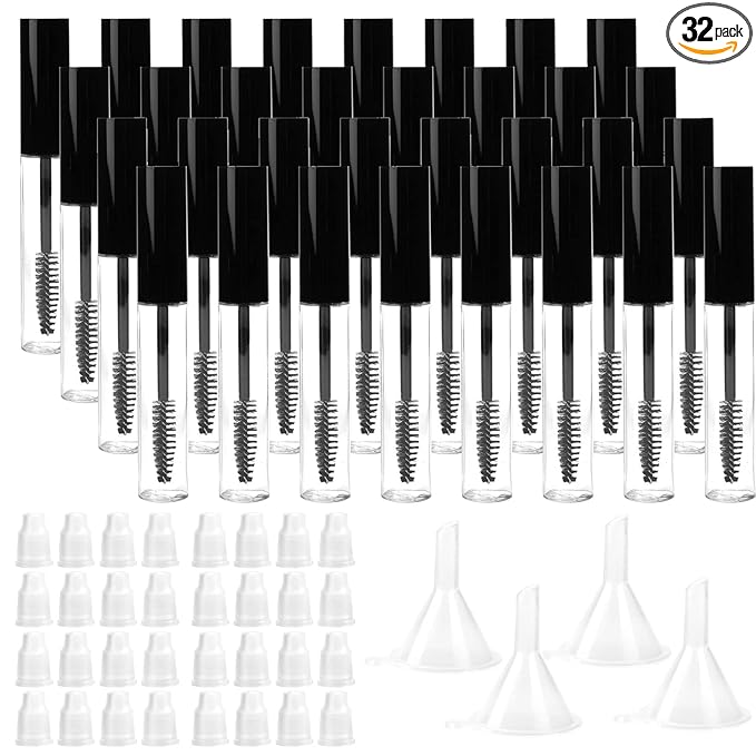 Hedume 32 Pack 10ml Empty Mascara Tube with Eyelash Wand, Eyelash Cream Container Bottle with Rubber Inserts and Funnels for Castor Oil, DIY Cosmetics