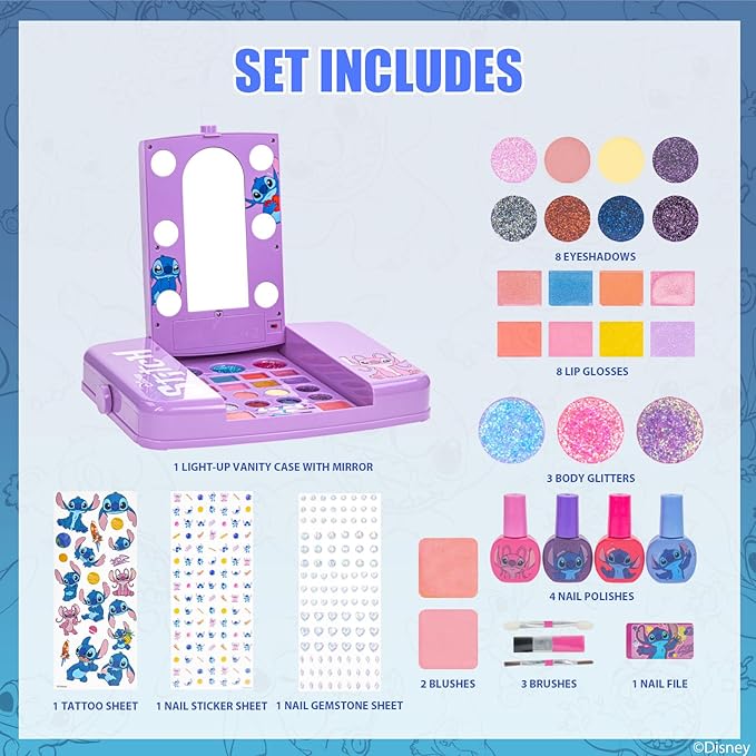 Disney Stitch Beauty Vanity Set with Light-Up Mirror, Includes Lip Gloss, Eyeshadow, Blush, Brushes, Nail Polish, Accessories, Batteries Not Included, Ages 13+, for Gift-Giving, by Townley Girl