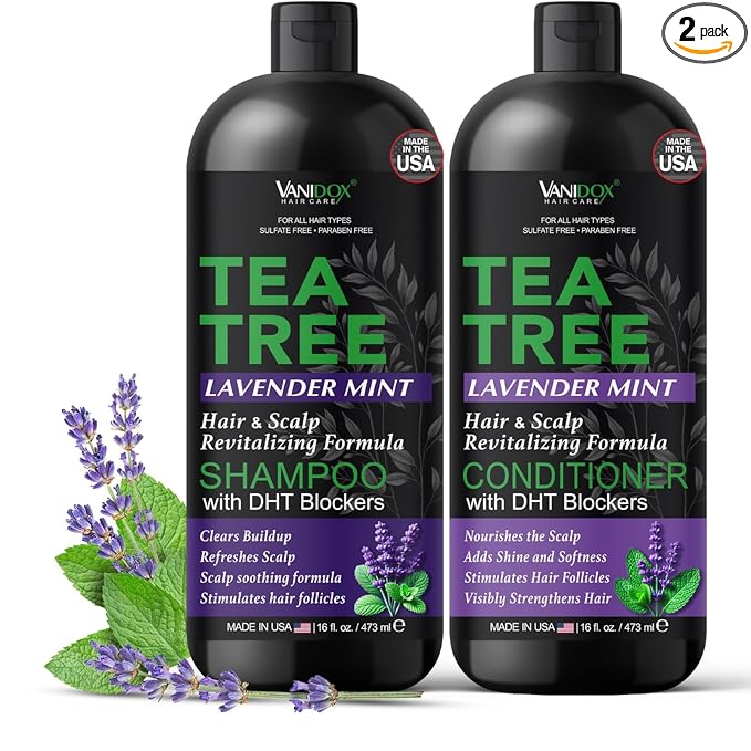 Vanidox Tea Tree Shampoo and Conditioner Set with Lavender and Mint | DHT Blockers | With 100% Pure Tea Tree Oil for Itchy, Dry Scalp | Sulfate & Paraben Free | For Men & Women | 16 fl oz Each