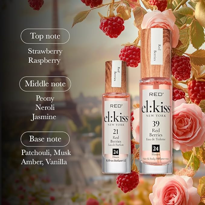 EL:KISS Hair Perfume & Body Mist, Red Berries Inspired by YSt L's Mon Paris, Eau de Toilette 30mL (1.01 Fl Oz), Hydrating & Long-Lasting, Alcohol & Mineral Oil-Free, Jojoba, Argan Oil & Aloe Vera