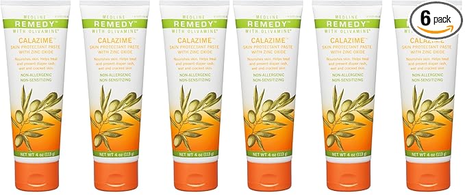 Medline Remedy Olivamine Calazime Skin Protectant Paste Cream, Used with Dry Chapped from Diaper Rash, Incontinence, Dermatitis, Psoriasis, Burns, Bites, White, 4 Oz, (Pack of 6)