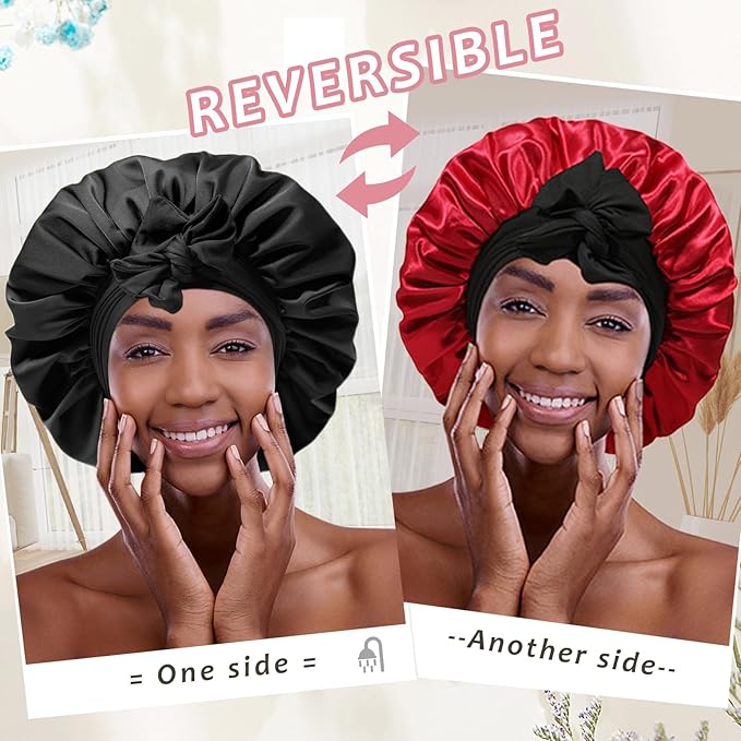 Reversible Satin Bonnet for Women With 3PCS Hair Scrunchies Tie Band - Large 2 Layered Silk Sleeping Cap Nightcap (Black/Red)