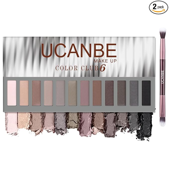 UCANBE 12 Color Eyeshadow Makeup Palette, Neutral Matte Shimmer Nude Eye Shadow Make Up Pallet with Double-ended Brush Set Kit, Highly Pigmented Long Lasting Waterproof