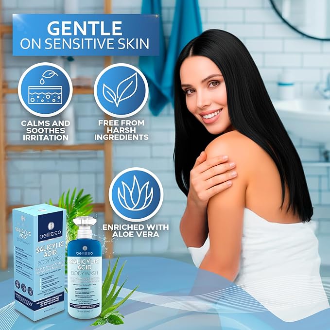 BELLISSO Salicylic Acid Body Wash - Men's and Women's Exfoliating Liquid Soap for Back Acne and KP - For Oily and Sensitive Skin - Sulfate Free Formula - 16 Fl Oz