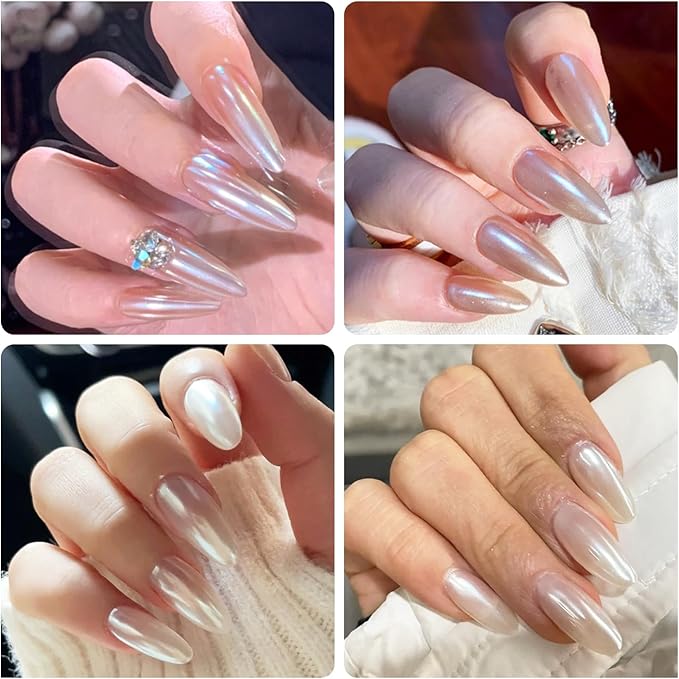 White Chrome Nail Powder Shimmer Clear Aurora Mirror Effect Ice Transparent Blue Glitter Pigment Chrome Powder for Nails Gel Polish Design Unicorn Pearl Powders 0.5g