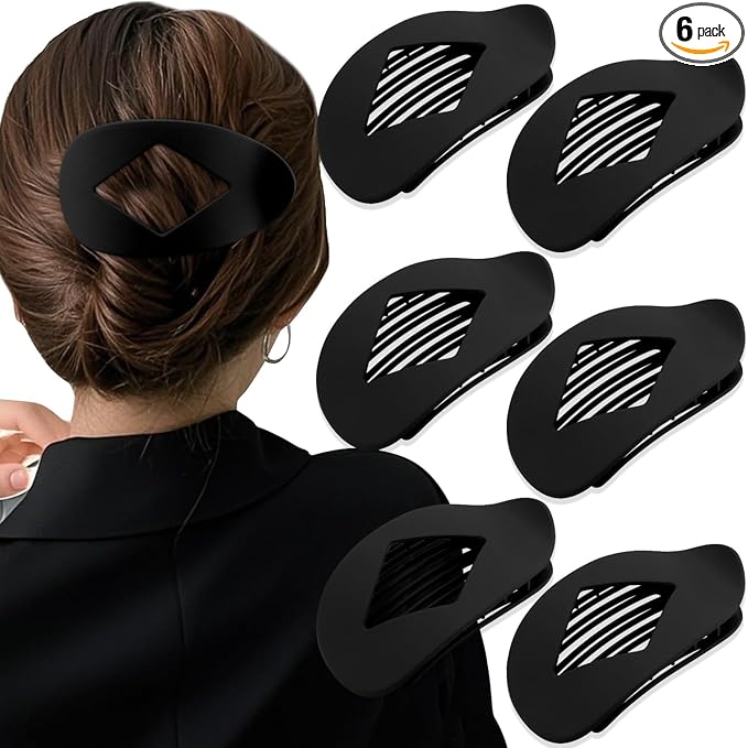 Atoden Large Flat Round Hair Clips Oval Claw Clips for Thick Medium Thin Hair 6Pcs Non Slip Strong Hold Barrettes Duckbill Accessories for Women Girls Matte Black Color