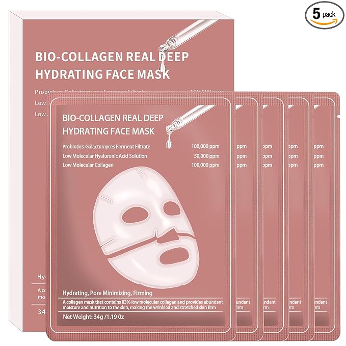 5PCS Bio-Collagen Face Mask, Bio-collagen Real Deep Mask, Collagen Mask Overnight, Hydrating Hydrogel Masks, Anti Aging, Firming, Elasticity Improvement, for All Skin Types, 1.19 Fl Oz