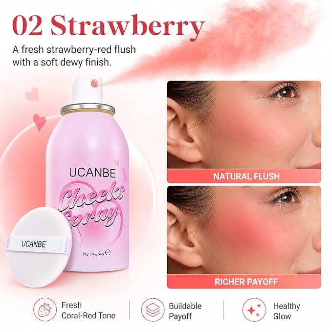 UCANBE Blush Spray with Puff, Hydrating Liquid Blush Mist for Cheeks - Soft Pigmented Buildable Blendable Breathable Blush, Healthy Dewy Glow Finish, Talc-Free, 02 Strawberry (1.16 oz)