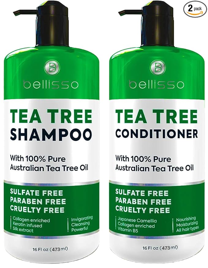 Tea Tree Shampoo and Conditioner Set – with 100% Pure Australian Tea Tree Oil - Anti Dandruff Sulfate and Paraben Free - Dry Scalp Treatment with Keratin, Vitamin B5, Collagen for Women and Men