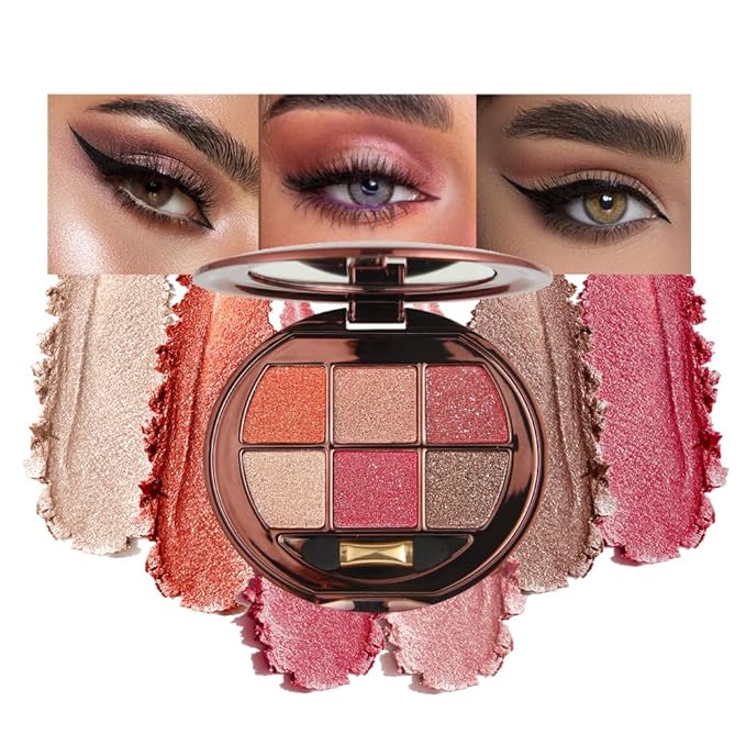 Coral Pink Shimmer Eyeshadow Palette, 6 Color High Pigment Blendable Glitter Eye Shadow Makeup for Older Women, Lightweight Travel Friendly, Suitable for All Eye Shapes, Fresh Daily Glam Look 08#