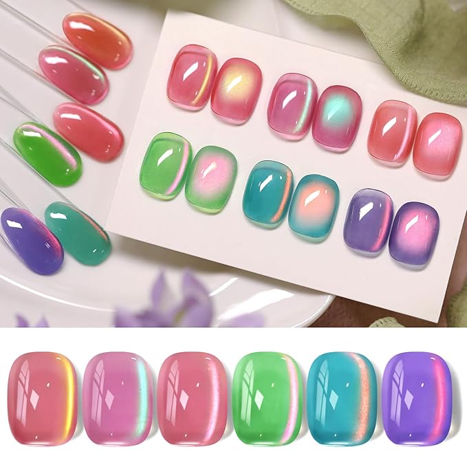 Born Pretty Spring Cat Magnetic Eye Gel Polish Set,6 Colors Pink Green Purple Crystal Jelly Shimmer Holographic Spring Summer Gel Nail Polish Kit with Magnet,DIY Manicure at Home