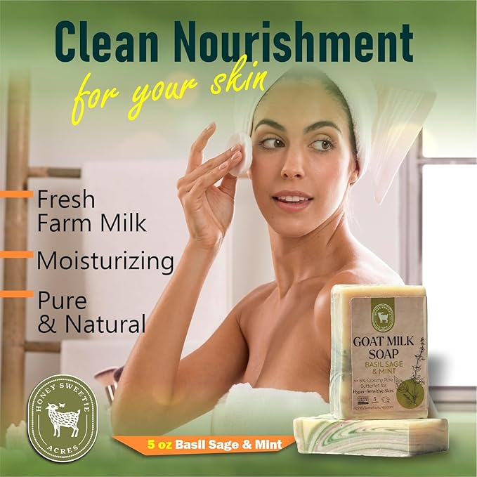 Honey Sweetie Acres Basil, Sage & MInt Goat Milk Soap - Handmade 5 oz Bar, Made with Natural Ingredients, Moisturizing & Gentle, Made in the USA