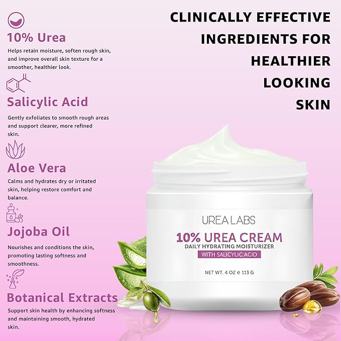 10% Urea Cream with Aloe Vera, Jojoba Oil and Salicylic Acid - 150ml Hydrating Moisturizer for Dry, Chapped Hands, Feet, Face & Body - Repairs, Soothes & Nourishes Rough, Dry Skin - 4 Oz