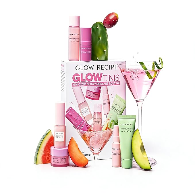 Glow Recipe GlowTinis Mini Skincare Set - 7-Piece Travel Size Korean Skincare Routine & Gift Set - Hydrating Face Cleanser, Watermelon Toner, Hyaluronic Acid Cream, Dew Drops & Mucin Serum