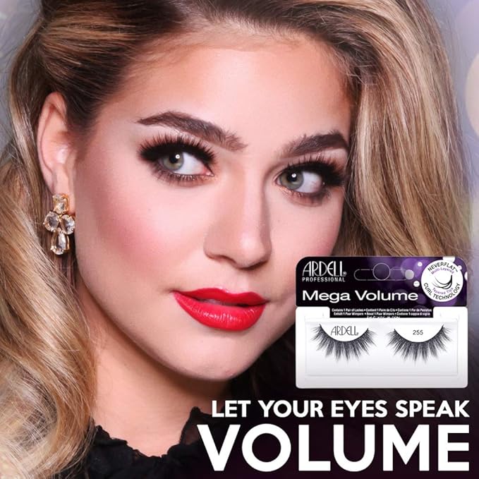 Ardell Mega Volume 255 False Eyelashes - Extra Full, 3D Layered Wispy Lashes with NeverFlat Curl Technology - Reusable False Strip, 4 Pairs
