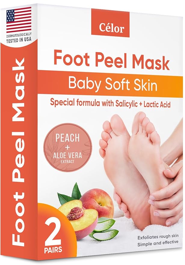 CÉLOR Foot Peeling Mask for Dry Cracked Feet | Foot Mask to Exfoliate Rough, Cracked, Dry Feet, Calluses for Soft Baby Feet Results | Made with Aloe Vera Extract for Women & Men (2 Pairs) | Peach
