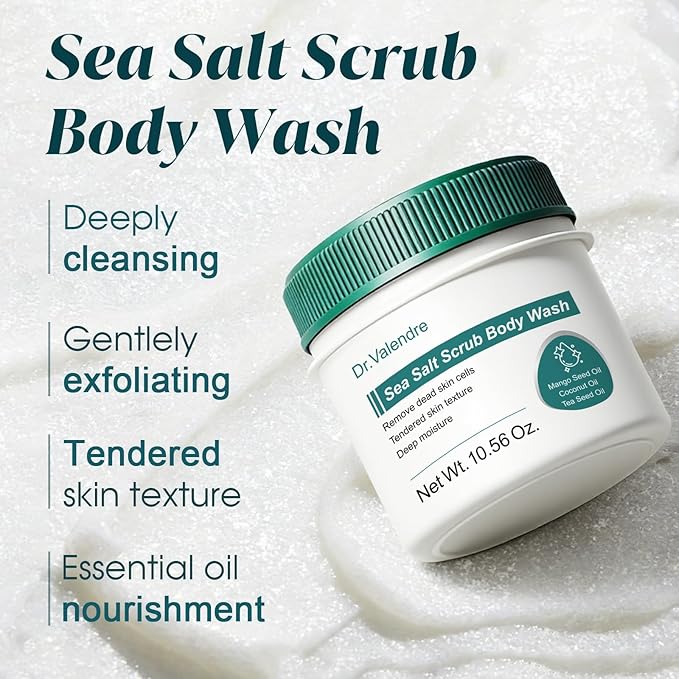 【Sea Salt Exfoliating Body Scrub & Wash】– Removes Dead Skin, Smoothes Rough Texture on Feet,Underarms & Back | Moisturizes with Coconut & Mango Seed Oils, Leaves Skin Soft & Hydrated – For Women & Men
