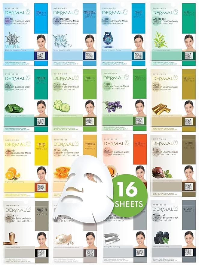 DERMAL Collagen Essence Sheet Mask 16 Combo Pack - 16 Days Daily Skin Therapy for Glow - Aloe, Snail, Vitamin Variety Gift Set - K-Beauty