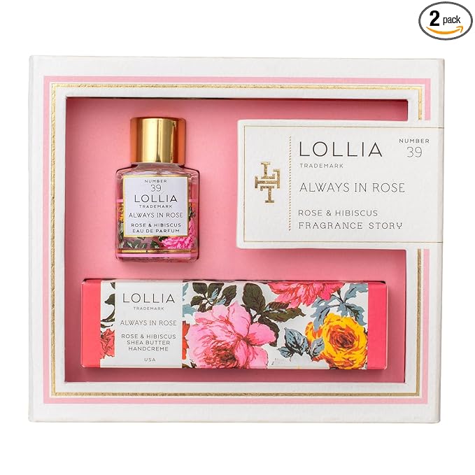 LOLLIA Always in Rose Fragrance Story Gift Set – .16 fl. oz. Eau de Parfum & .33 oz. Petite Treat Handcreme – Rose & Hibiscus – Hand Cream for Women, Travel Size Perfume, Hand Lotion for Dry Hands