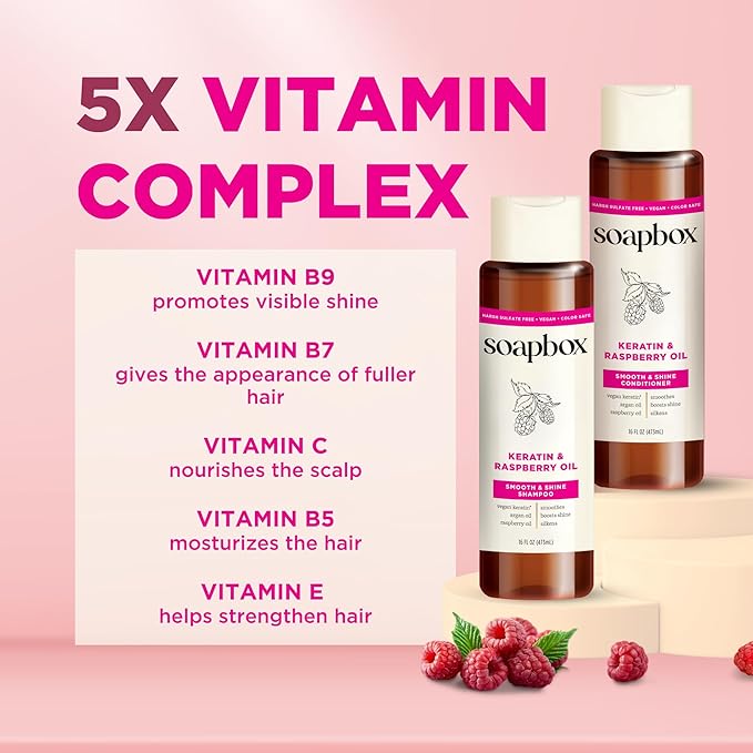 Soapbox Keratin & Raspberry Seed Oil Shampoo & Conditioner Set, Leaves Hair Shiny, Smooth & Glossy - Clean Ingredients Free of Harsh Chemicals, Sulfates, Parabens & Silicones - 16 oz Each